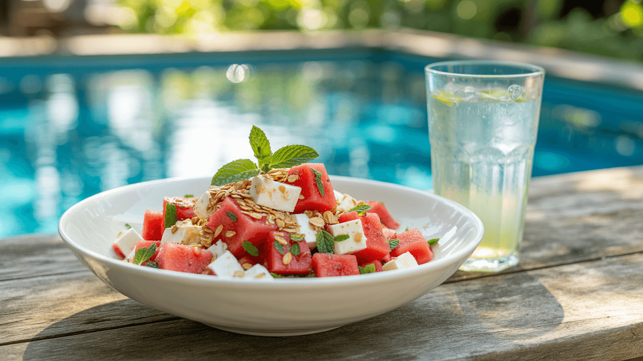 Sommerliche Hafer-Wassermelonen-Feta-Bowl