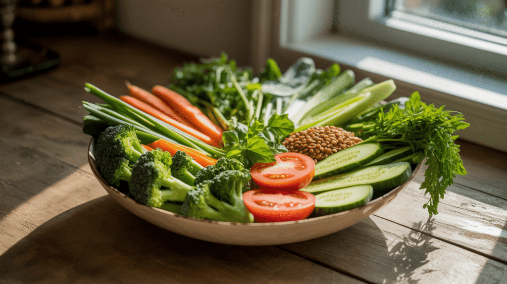 Bunte Gemüse-Bowl mit frischem Gemüse und Linsen als ballaststoffreiche Abendmahlzeit