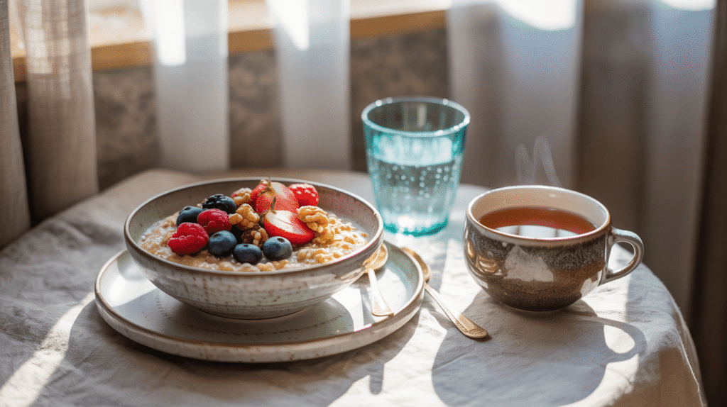 gesunde Alternativen Frühstückstisch mit Haferflocken, Beeren und Nüssen – ballaststoffreiche Ernährung am Morgen