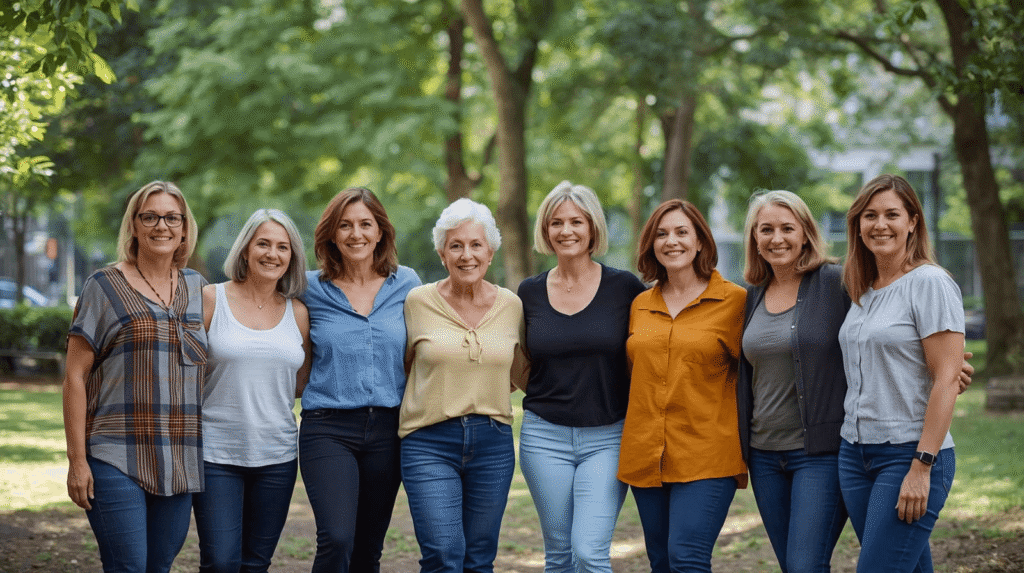 Erfolgsgeschichten Frauen Wechseljahre Gruppe von Frauen unterschiedlichen Alters, die in den Wechseljahren zusammenstehen und sich für einen gesunden Lebensstil einsetzen