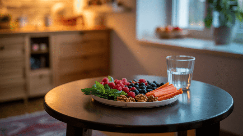 gesunde Ernährung Gesunde Snacks wie Obst, Gemüse und Wasser gegen Heißhunger am Abend